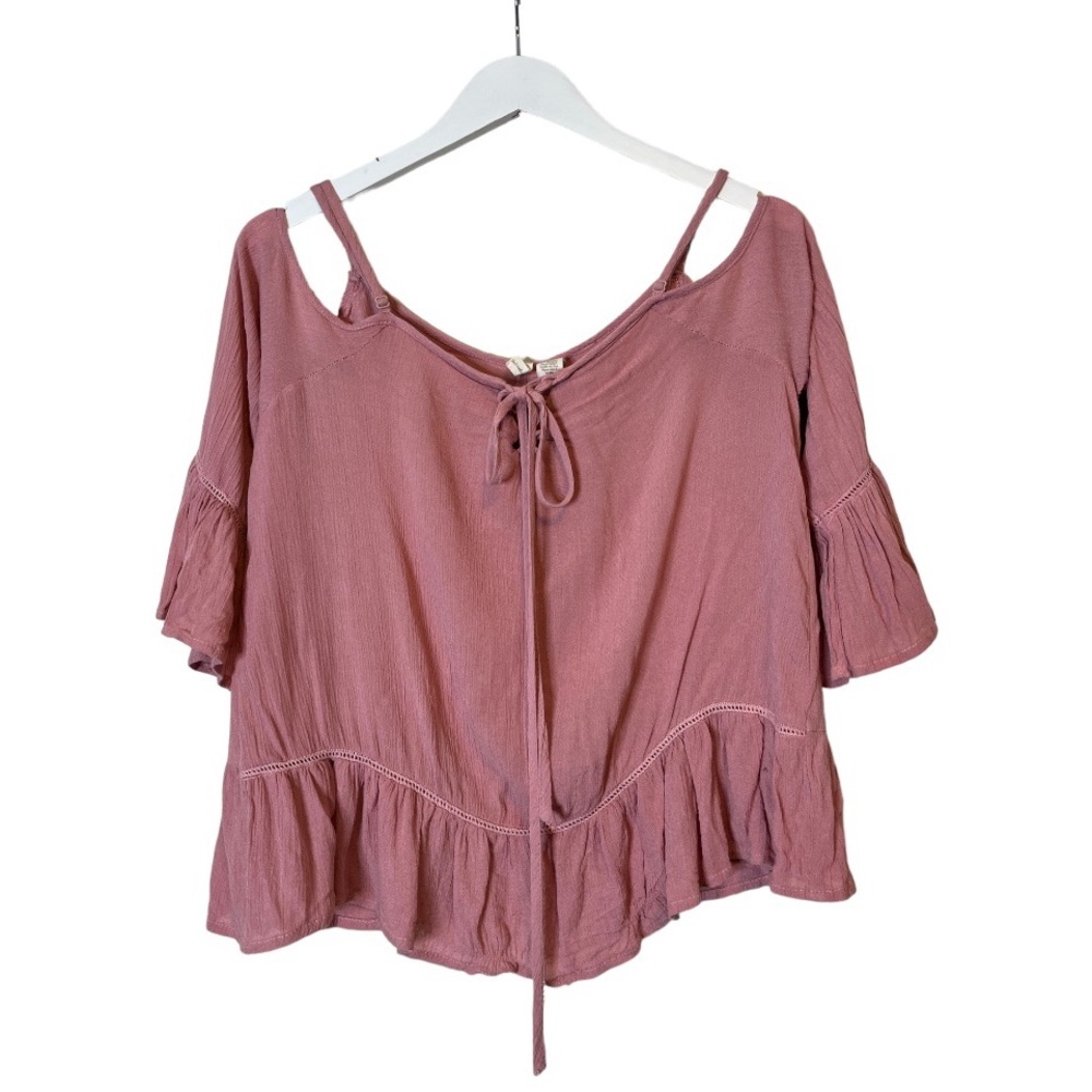 JAPNA Babydoll Cold Shoulder Drawstring Front Blouse Blush Pink Size M